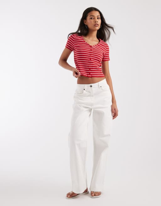 Levi's ribstrikket jersey-top med knapper og striber i rød, 2 af 4