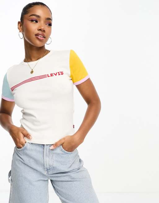 Levi's - Rickie - T-shirt color crema con logo sul petto e maniche a contrasto