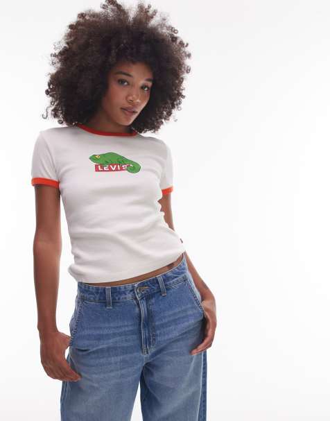 Levi's – Rikie – T-Shirt in Weiß mit farblich abgesetzter Einfassung und Grafikmotiv - view 1