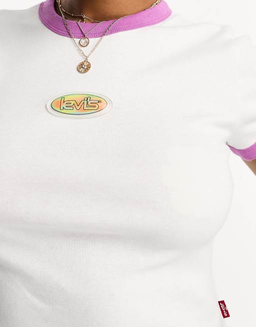 Levi's Ringer cropped t-shirt in white/purple  with chest logo, 3 of 4