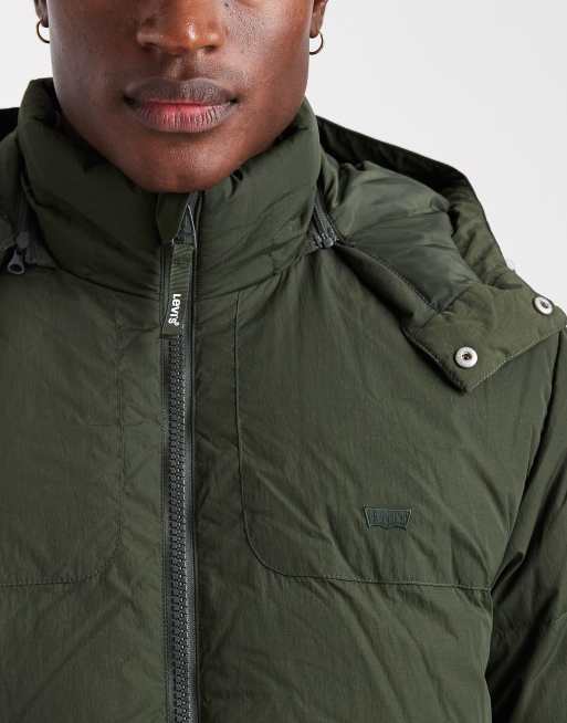 Levi's rockridge short hooded puffer jacket in dark green, 3 of 5