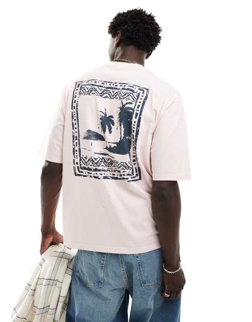 Levi's – Różowy luźny T-shirt z rękawami do łokcia i logo z motywem palm