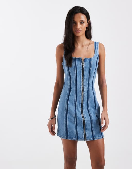 Levi's seamed zip denim mini dress in mid wash blue, 2 of 4