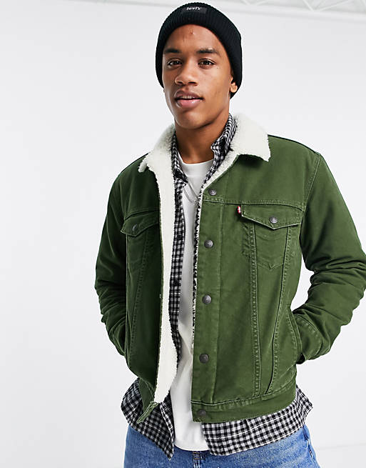 Levi's sherpa cord trucker jacket with box tab logo in green | ASOS