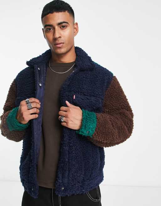 Levi's sherpa trucker jacket in colour block navy brown green with pockets  | ASOS