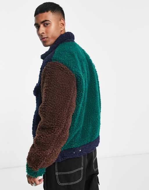 Levi's sherpa trucker jacket in colour block navy brown green with pockets  | ASOS