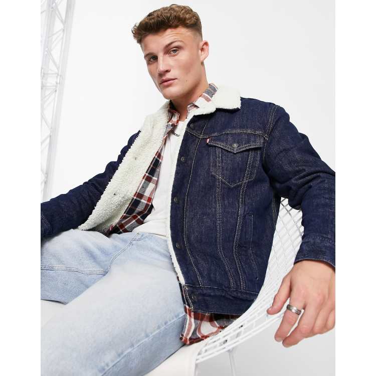 Levi's sherpa trucker jacket in dark navy | ASOS