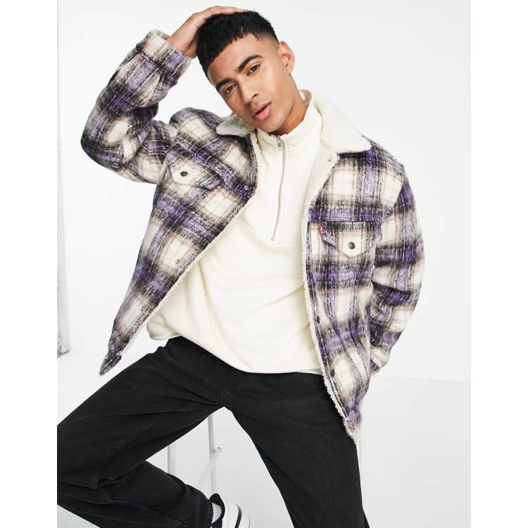 Levi's sherpa trucker jacket in grey check | ASOS