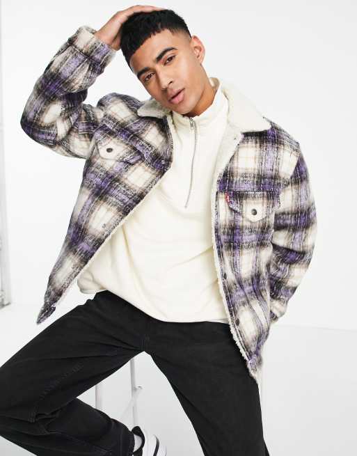 Levi s sherpa trucker jacket in grey check ASOS