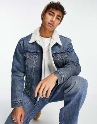 Levi s sherpa trucker jacket in light blue wash ASOS