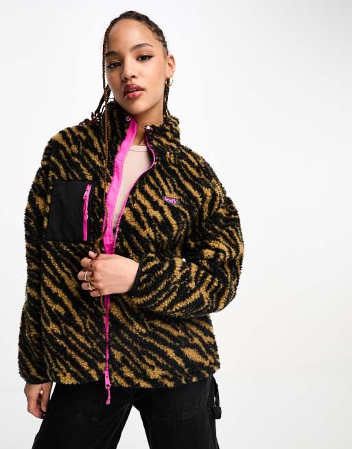 Levi's sherpa zip through sweat in zebra print with pocket