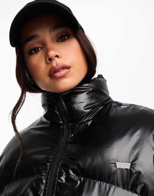 Long black shiny puffer on sale jacket