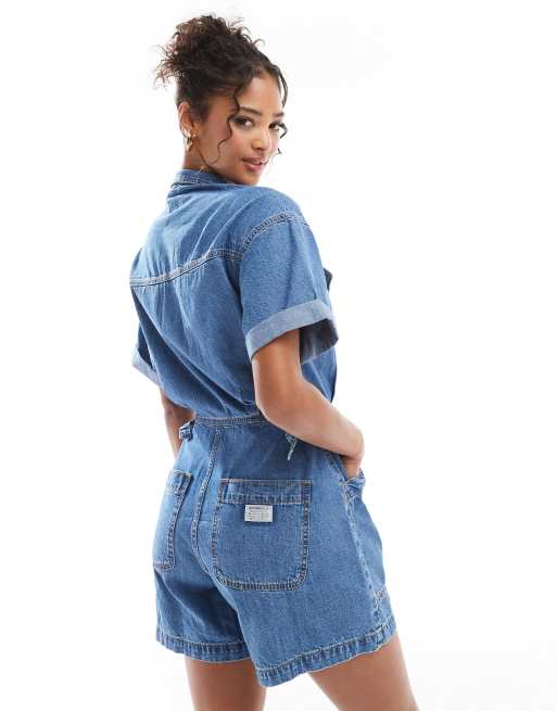 Levi's short overall denim playsuit in mid blue ASOS