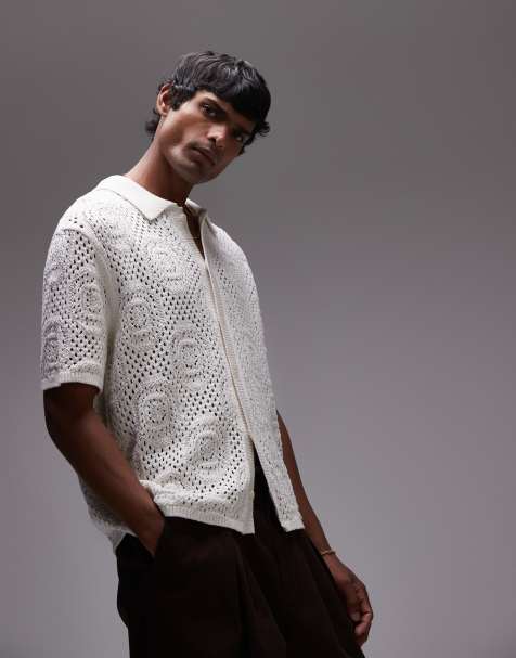 Levi's short sleeve button through pointelle crochet knit camp shirt in white - view 1