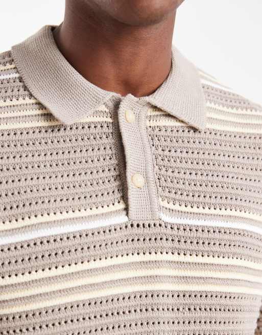 Levi's short sleeve knitted polo in light brown stripe, 5 of 5