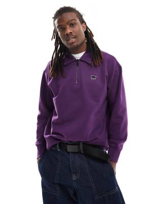 Skateboarding chenille patch back logo relaxed fit half zip sweatshirt in purple