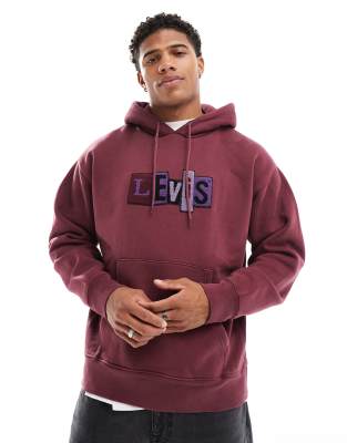 Skateboarding chenille patch logo relaxed fit hoodie in burgundy-Red