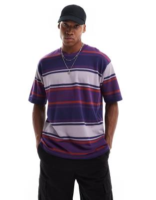 Skateboarding pique striped boxy fit T-shirt in multi purple