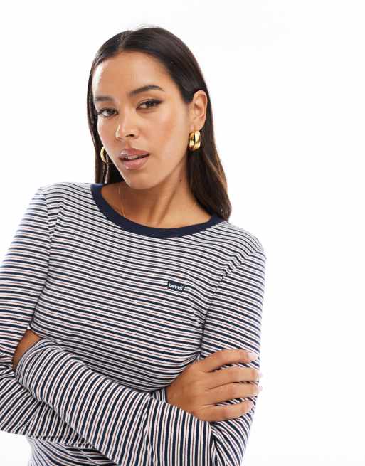 Levi s small batwing logo stripe long sleeve t shirt in navy ASOS