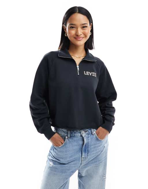 Levi's - Sort trøje med halv lynlås og lille logo med leopardprint - Kun hos ASOS