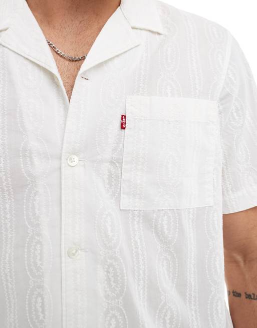 Levi's - Standard Camp - Camicia a maniche corte in cotone color bianco con righe in tessuto garzato e colletto a rever, 2 di 4