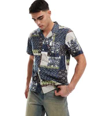 Levi's Standard Camp Short Sleeve Revere Collar Patchwork Print Shirt In Navy