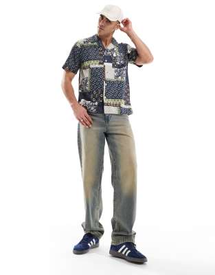 Levi's Standard Camp Short Sleeve Revere Collar Patchwork Print Shirt In Navy
