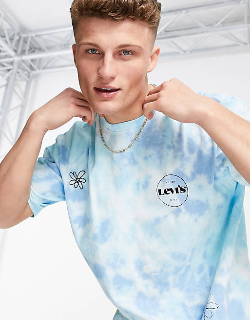 Levi's stay loose doodle logo print tie dye t-shirt in blue topaz | ASOS