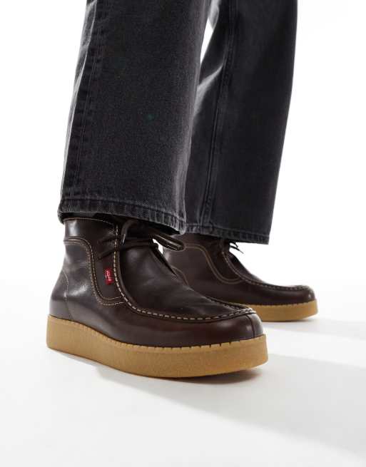 Levi's - Stivali stringati in pelle marrone con suola in gomma