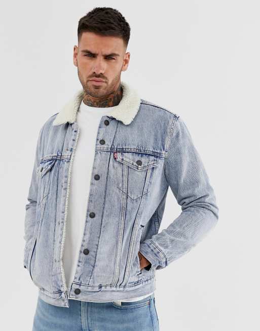 Levi's stonebridge denim borg trucker denim jacket in light wash | ASOS