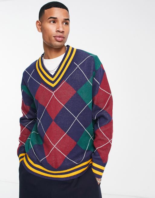 Levi's – Strickpullover mit V-Ausschnitt, Rautenmuster und Logo