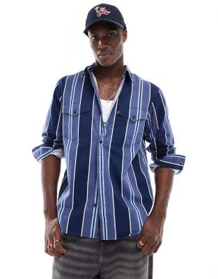 stripe relaxed fit western denim shirt in navy