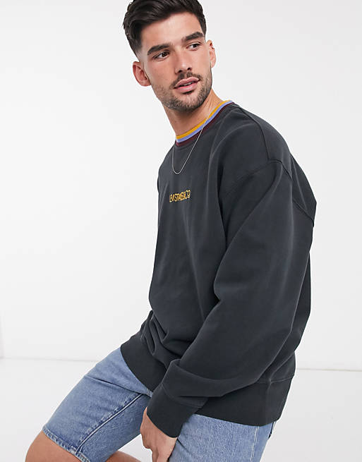 Levi's stripe tipped neck embroidered logo oversized fit sweatshirt in jet  black | ASOS