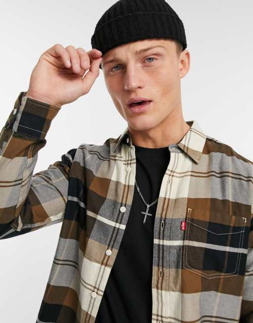 Levi's sunset 1 pocket standard fit check shirt in cream/brown, 3 of 4