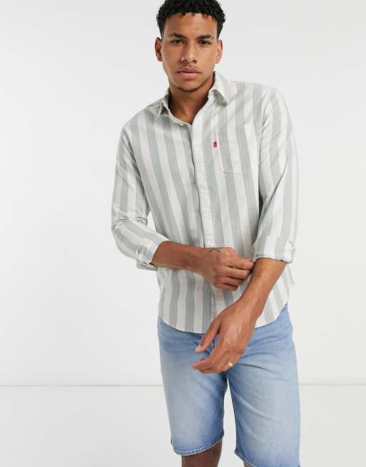 Levi's sunset 1 pocket standard fit stripe shirt in beige/green | ASOS