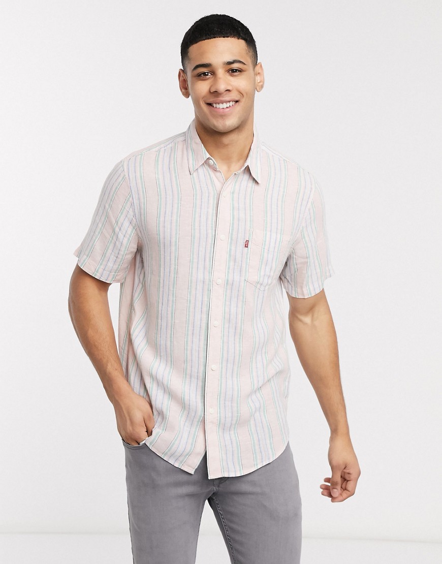 Levi's Sunset 1 pocket stripe short sleeve shirt regular fit in white-Pink