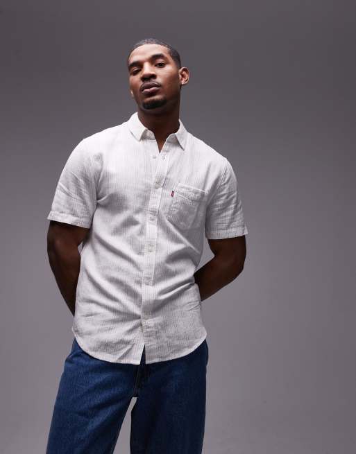 Levi's – Sunset – Biała koszula o regularnym kroju z krótkim rękawem z mieszanki bawełny i lnu w niebieskie prążki