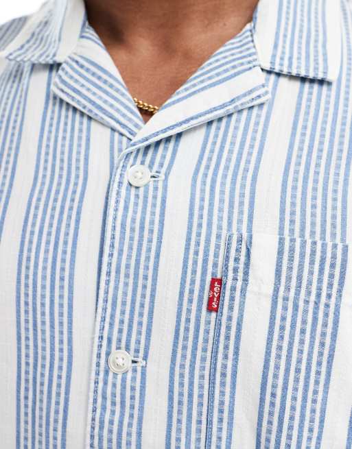 Levi's - Sunset Camp - Camicia a maniche corte azzurra a righe in tessuto fiammato plumetis, 3 di 4