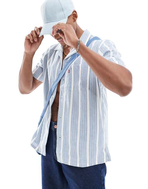 Levi's - Sunset Camp - Chemise manches courtes en plumetis flammé à rayures - Bleu clair