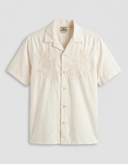 Levi's Sunset embroidered short sleeve camp shirt in light stone, 6 of 7