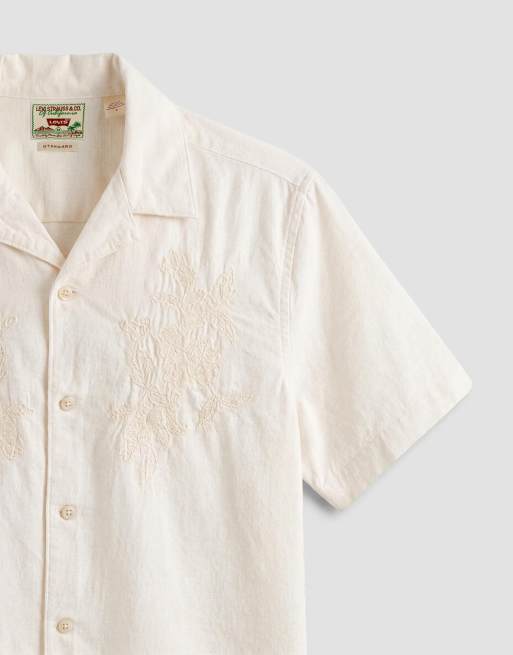 Levi's Sunset embroidered short sleeve camp shirt in light stone, 8 of 9