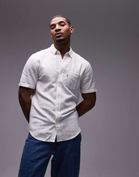 Levi's - Sunset - Regular-fit overhemd van linnen-katoenmix met korte mouwen en strepen in blauw/wit - view 1