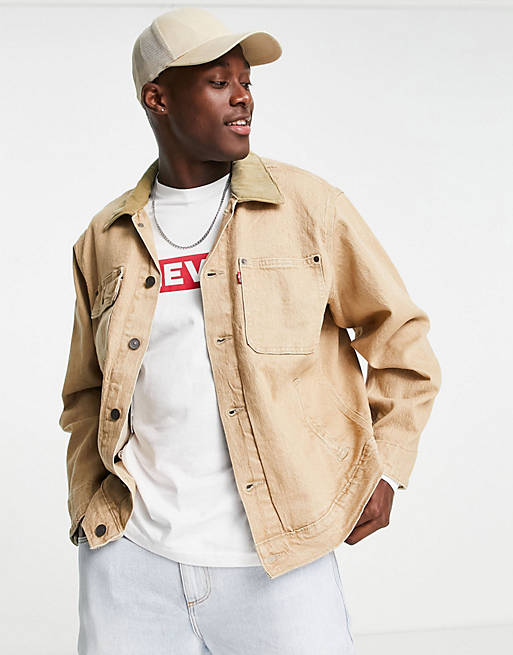 Levi's sunset relaxed fit cord collar denim trucker jacket in beige | ASOS