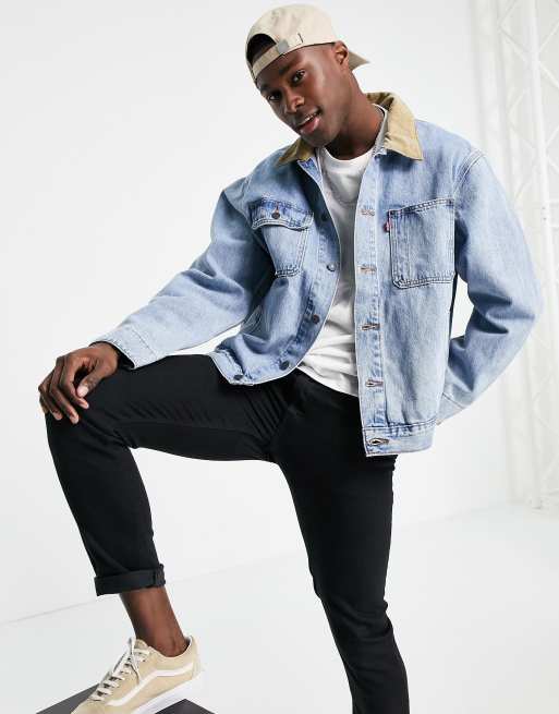 Levi's sunset relaxed fit cord collar denim trucker jacket in how strong  light wash | ASOS