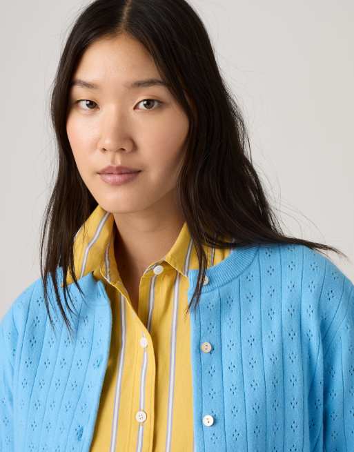 Levi's Supersoft pointelle crewneck cardigan in blue, 3 of 4