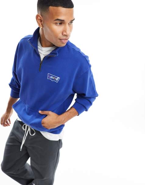 Levi's – Sweatshirt in Blau mit halbem Reißverschluss und mehrfarbigem, kleinem Fledermauslogo - view 1
