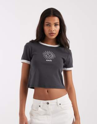 T-shirt à bords contrastants et imprimé soleil - Noir XS
