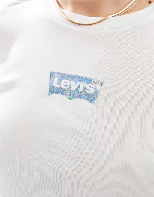 Levi's - T-shirt a maniche lunghe bianca con logo batwing a pois lucido stile sportivo, 2 di 4