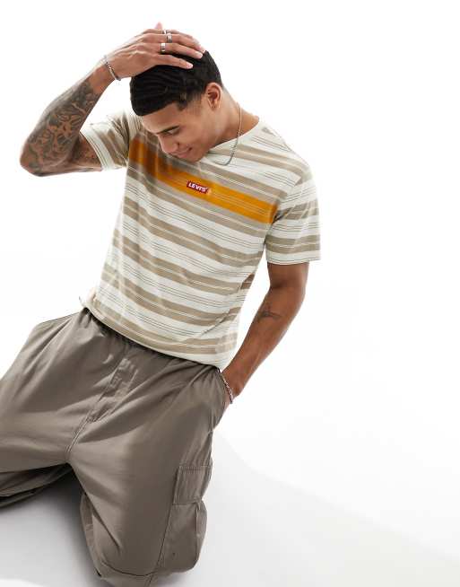 Levi's - T-shirt à rayures avec petit logo encadré - Fauve et jaune