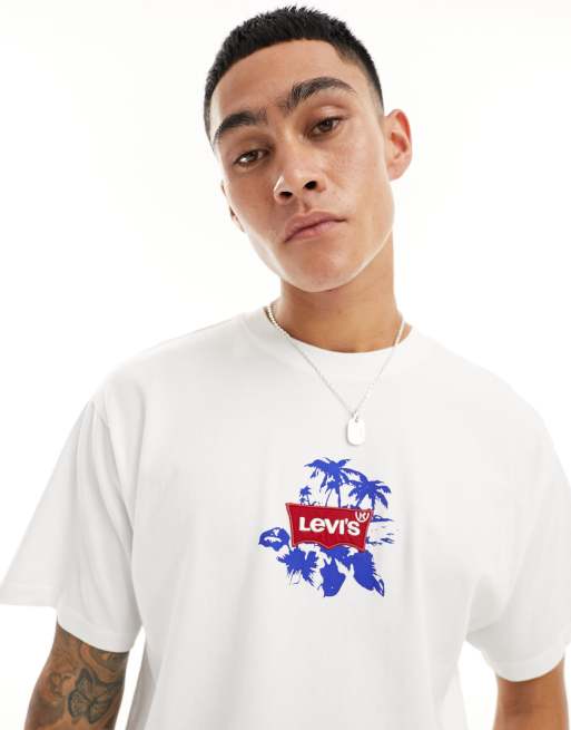  Levi's - T-shirt avec logo sur la poitrine et imprimé palmier au dos - Blanc